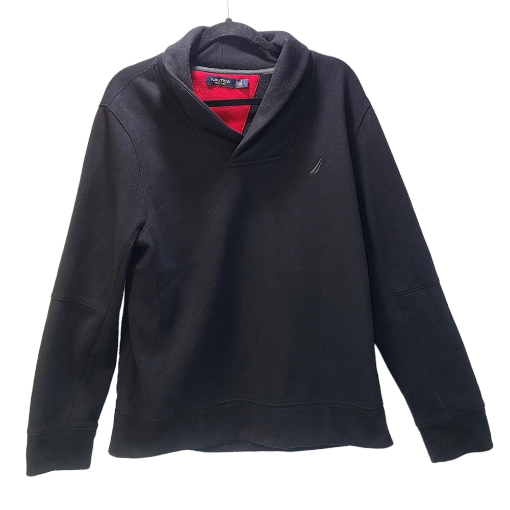 Nautica Men's Large Pullover V-Neck Sweatshirt Black Cotton Blend Collared